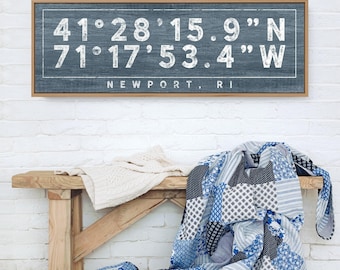 Harbor Blue COORDINATES Sign > Distressed farmhouse print, Custom GPS location latitude + longitude sign, canvas wall art print {s}