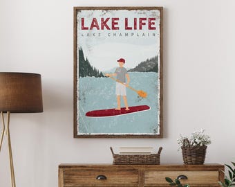 Paddle Boarding Art, Personalized Decor, Lake House Decor, Retro Lake Champlain Poster, Custom Text Sign, Maroon Accent Gift for Him {vpl}