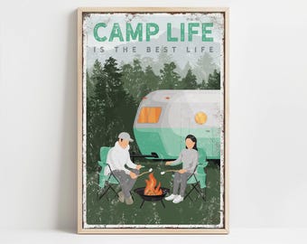 Camp Cabin Art of a Couple by a Mint Green Camper in the Pines