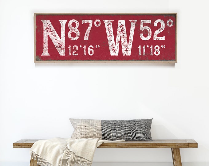 Dark Red GPS Coordinates Sign, Red and White Vintage Typography Wall Art, Large Canvas Latitude & Longitude Print for Modern Farmhouse {gsb}