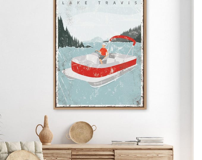 red LAKE LIFE canvas • personalized pontoon boat art for lake house decor • vintage Lake Travis poster {vpl}