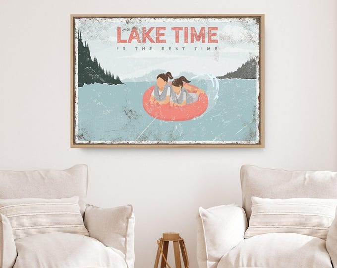 Tube Lake Sign, Coral Inner Tube Lake Scene, Personalized Family Lake Time Wall Art