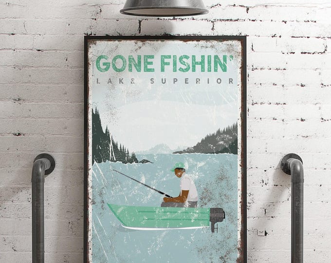vintage GONE FISHIN' sign > mint green boat art for Lake Superior lake house decor, coastal canvas print, fishing gift for him {vpl}