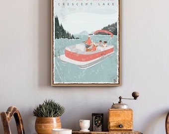 Green Lake Pontoon Sign With Your Own Family Name, Coral Boat On The Water