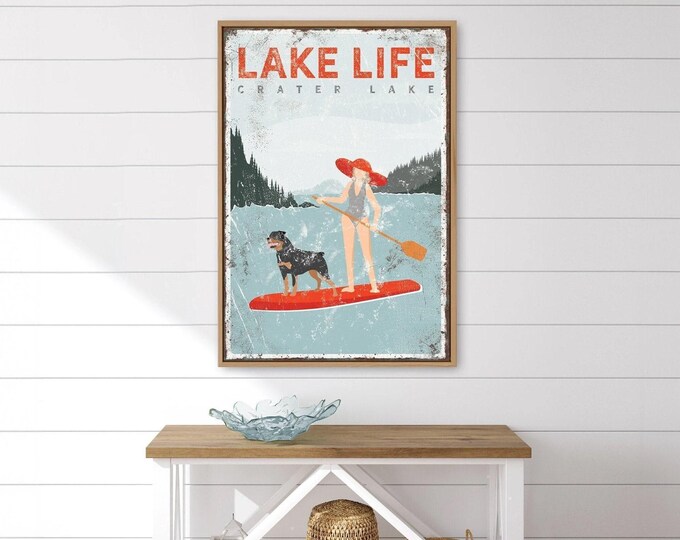 Lake House Decor: Vintage Red Canvas Sign (Custom Dog & Text)