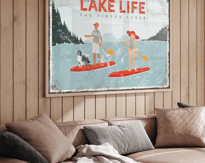 Paddle On Lake Life Sign, Personalized Finger Lakes Wall Art with Dog, Red Vintage Lake House Print