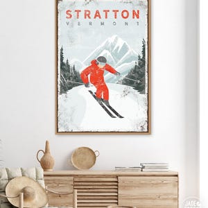 vintage ski sign canvas &gt; distressed skiing poster for VERMONT ski house decor, personalized STRATTON wall art (custom ski mountain) {vpw}