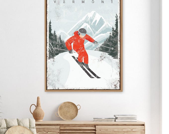 vintage ski sign canvas > distressed skiing poster for VERMONT ski house decor, personalized STRATTON wall art (custom ski mountain) {vpw}