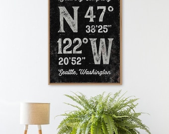 Personalized Coordinates Sign: Family Name, Vintage Rustic Canvas