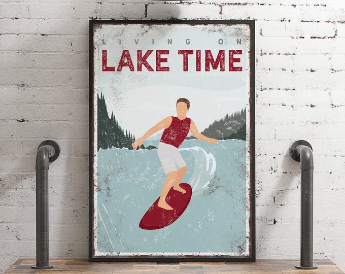 Wake Surf Wall Art, Wakesurfer Living On Lake Time, Maroon Lakeside Sports Decor