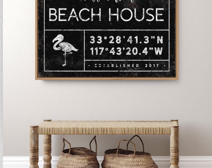 Personalized Flamingo Art Print: Rustic Beach Sign with Coordinates