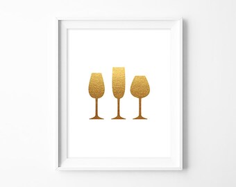 wine glasses poster, glass art print PDF // digital faux gold foil // gold metallic decor // DIY kitchen poster printable