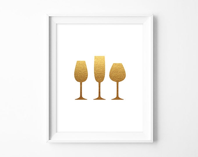 wine glasses poster, glass art print PDF // digital faux gold foil // gold metallic decor // DIY kitchen poster printable