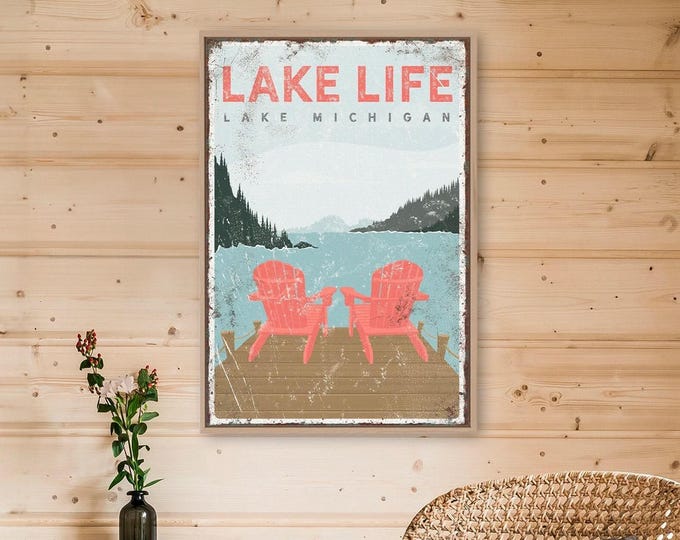 Personalized Lake Life Sign - Vintage Look with Adirondack Chairs