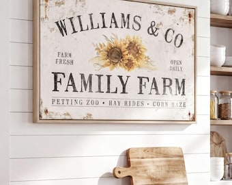 Sunflower Sign, Personalized Family Farm Harvest Art, Golden Fall Farmhouse Decor