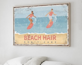 Coral Beach Hair, Don't Care Sign, Pink Coastal Canvas Print, Wake Surf Art, Couple Surfing Scene, Rustic Beach Decor, Unique Gift {vpb}