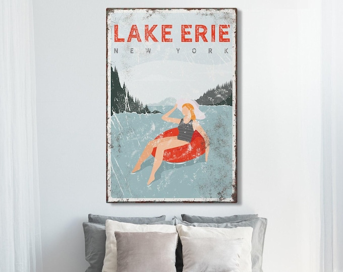 vintage lake house sign > personalized lake house decor, custom tubing poster, sunbathing print for farmhouse decor (Lake Erie) {VPLTWLRR}