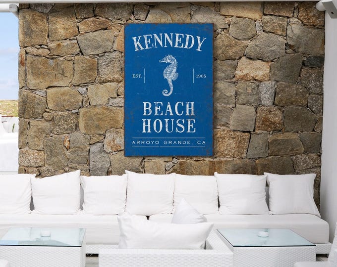 Rustic Beach Sign, Custom Family Name and Seahorse Navy Wall Art, Coastal Housewarming Gift