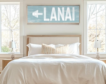 Lanai Wall Sign, Distressed Blue Wood (Custom Text & Arrow Direction)