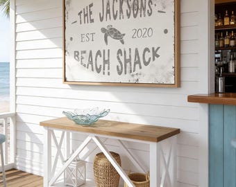 Beach Shack Wall Sign - Personalized Family Name, Rustic Coastal Style