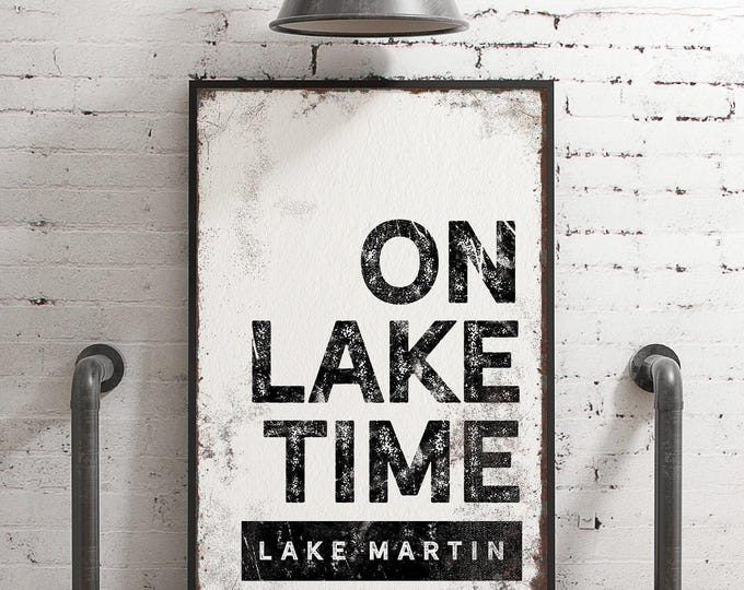Vintage 'On Lake Time' Lakehouse Sign - Black Framed Wall Art