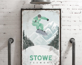 vintage SNOWBOARD sign in mint green, snowboarding poster for VERMONT ski house decor, STOWE wall art (or custom mountain) {vph}
