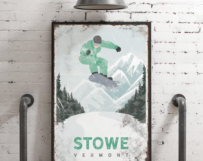 vintage SNOWBOARD sign in mint green, snowboarding poster for VERMONT ski house decor, STOWE wall art (or custom mountain) {vph}