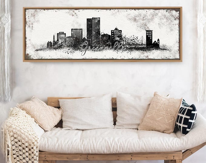 Greenville Skyline Art: Farmhouse Style Wall Decor (Extra Large, Framed)