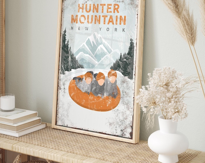 Family Snow Tubing Wall Art, Vintage Style (Custom Text, Orange Accent)