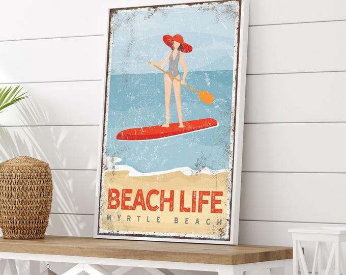 Rustic Beach Sign: Personalized Paddleboarding Art (Canvas, Paper, or Aluminum)