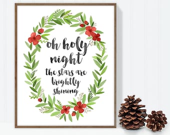 oh holy night / wall art print DIY / christmas decoration / HOLIDAY WREATH / calligraphy, red and green ▷digital printable sign
