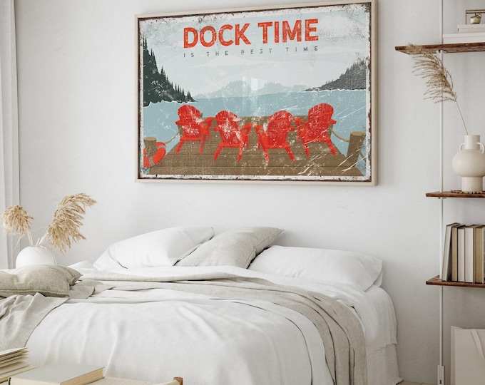 Vintage Dock Time Sign, Custom Lake Sign, Rustic Wall Art, Adirondack Chairs Poster, Personalized Lake House Decor, Landscape Print {VPL}