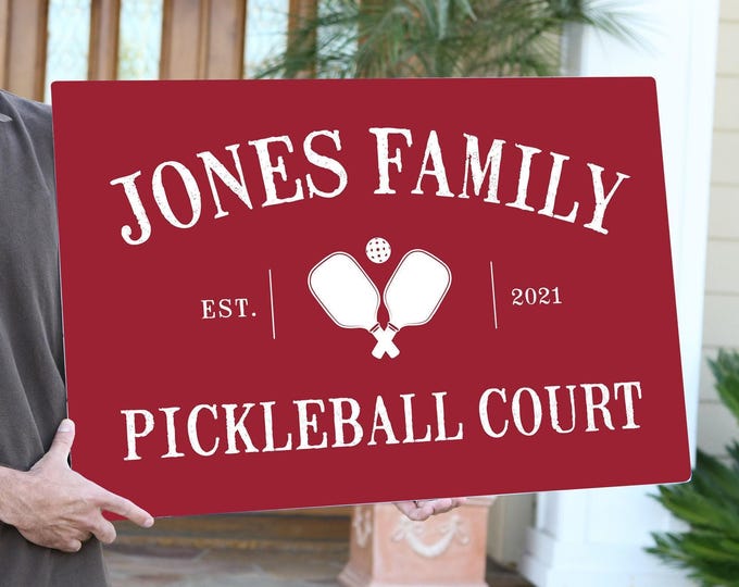 Pickleball Wall Sign, Dark Red, Personalized Family Name (Rustic Maple Frame)