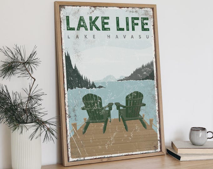 vintage ADIRONDACK CHAIRS SIGN with Forest Green Accent, personalized Lake Life poster, Lake Havasu Arizona, modern farmhouse decor vpl