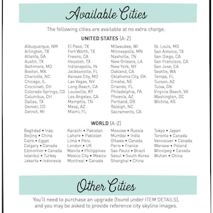 An Available Cities list in pale mint and white naming United States and world skylines offered at no extra charge, plus an other cities note.