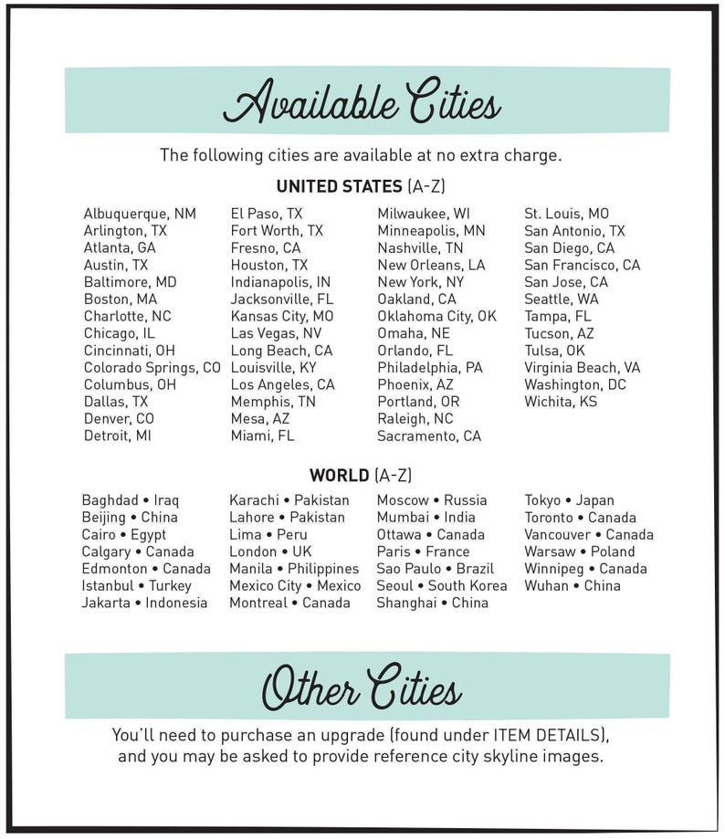 An Available Cities list in pale mint and white naming United States and world skylines offered at no extra charge, plus an other cities note.
