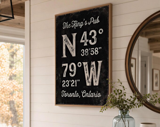 Coordinates Print Personalized With Your Pub Name, Black and Ivory Wall Art