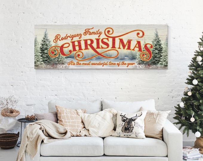 Personalized Family Christmas Sign, Winter Landscape