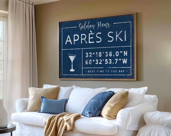 Apres Ski Wall Art, Navy Blue Canvas, Custom Name and Coordinates