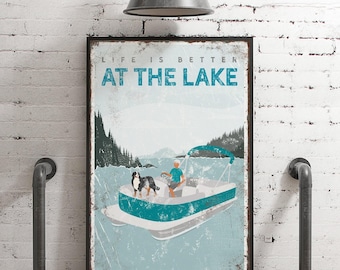 Life is Better at the Lake Canvas Print: Man on Pontoon with Bernese Dog