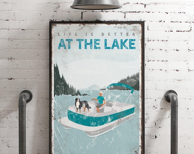 Life is Better at the Lake Canvas Print: Man on Pontoon with Bernese Dog