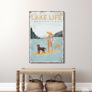 Personalized Lake Life Sign: Paddleboard and Chocolate Lab Art