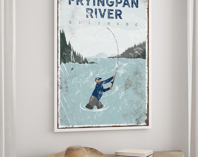 Fly Fishing Sign, Custom River Name Wall Art, Vintage Fishing Lodge Decor Gift