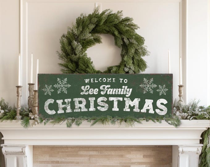 Christmas Welcome Custom Last Name Dark Green and Cream Snowflake Holiday Sign