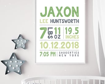 Birth Stats Wall Art: Custom Baby Name Sign (Green and Gray)