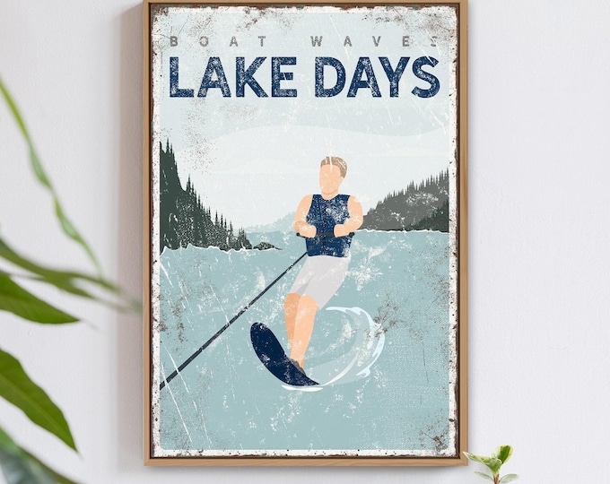 boat waves LAKE DAYS sign > personalized water skiing poster for lake home decor, slalom water ski gift for him, navy vintage lake art {vpl}