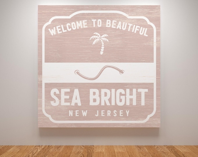 Retro Beach Badge Sign, Shell Pink Decor, Jersey Shore Art, Custom Aluminum Plaque, Rustic Maple Frame, Vacation Wall Gift {SBW}