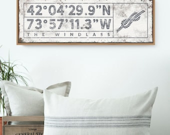 Coordinates Wall Sign, Infinity Rope Knot, Gray Canvas (Custom GPS)