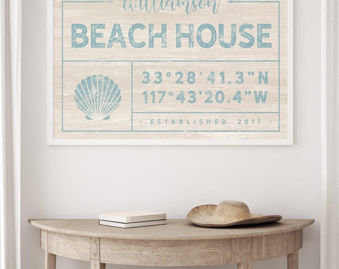 Williamson Beach House Sign, Custom Family Name, Est Year, Coordinates