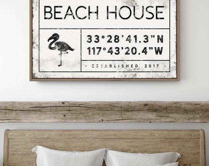 Beach House Sign, Flamingo Art Print, Large Canvas, Vintage Coastal Wall Decor, Custom Family Name, Latitude Longitude Coordinates {gdw}